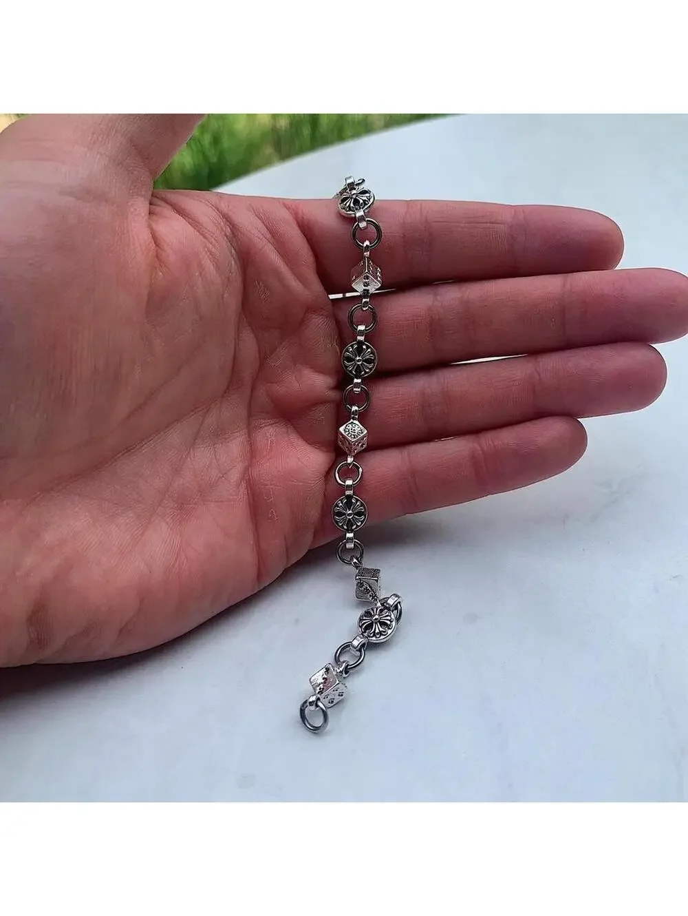 Y2k style grunge dice and gothic cross pendant silver punk bracelet. Comes new